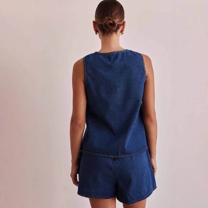 Women's pants: cross-border european and american style summer fashion casual sleeveless tie-waist high-waisted women's vest denim set shorts