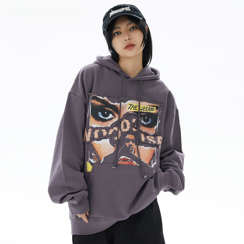 Men Hoodie Printed round Neck Hooded Sweater Autumn Hip Hop Loose Couple's Tops Coat