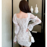 Women Maxi Dress Fall/Winter Square Collar Puff Sleeve Long Sleeve Lace Sheath Dress