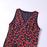 Women Dresses Summer Vintage Cherry Print V-neck Sleeveless Vest Dress (Xds0414)