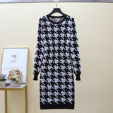 Women Maxi Dress Autumn and Winter Long Sleeve round Neck Houndstooth Knitted Sheath Dress