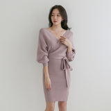 Women Maxi Dress Autumn and Winter V-neck Bat Sleeve Knitted Dress