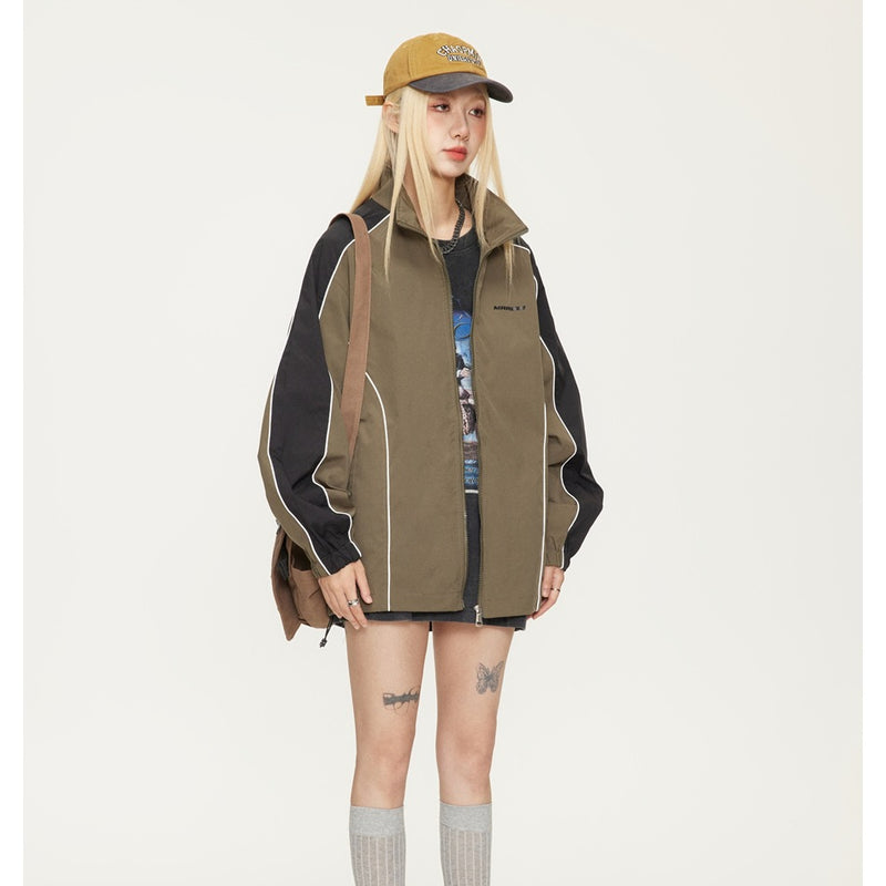 Unisex Jacket Vintage V Contrast Color Stand-up Collar Sports Jacket Men's and Women's Coats