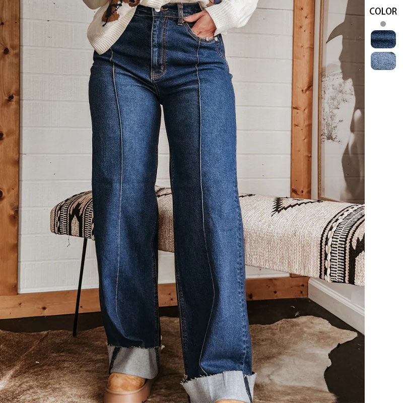Women's wide-leg jeans: spring/summer collection - high-waisted, slimming, vintage-style, cuffed hem, center seam design, straight-leg denim pants for women
