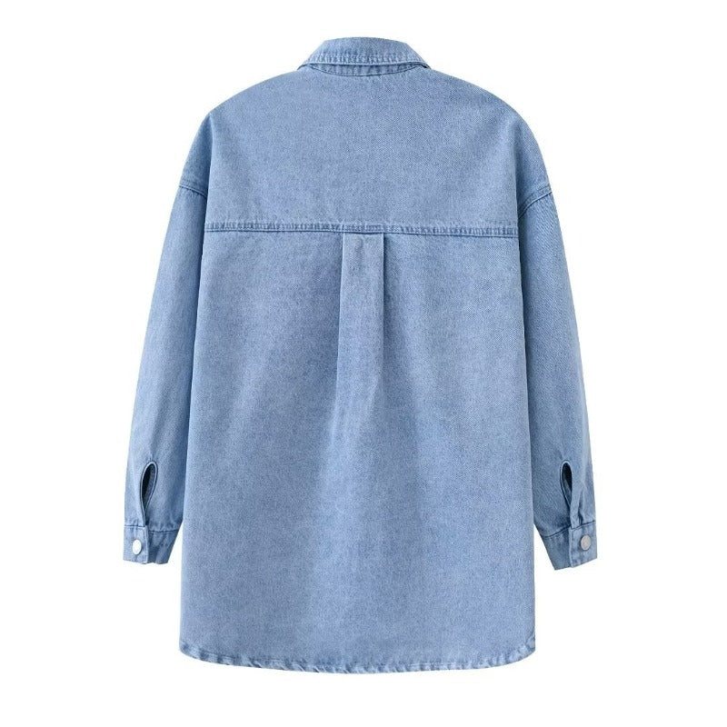 Women Jacket Lapel Denim Shirt Casual Shirt Cardigan Jacket
