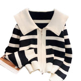 Women Knitwear Autumn and Winter Striped Doll Collar Double Zipper Sweaters Cardigan