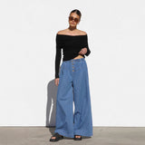 Women's pants: amazon independent store, european and american spring/summer lightweight elastic waist denim trousers, drapey vintage wide-leg jeans