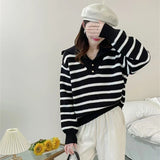 Women Knitwear Autumn and Winter Striped Lapel Knitwear Loose Sweater