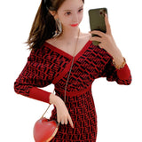 Women Maxi Dress Spring and Autumn Sexy Long Sleeve V-neck Knitted Sheath Dress