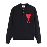 Ami araunriflove polo collar lapel wool sweater long sleeves couple fall and winterembroiderknitting shirt