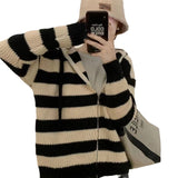 Women Knitwear Autumn and Winter Striped Hooded Sweater Coat Knitted Cardigan