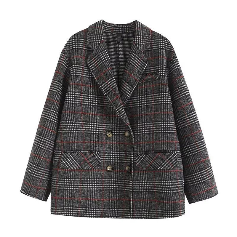 Women Suits Autumn and Winter Long Sleeve Commuter Plaid Suit Double Breasted Woolen Coat
