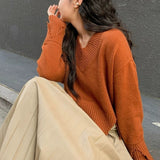 Women Knitted Pullover Short Autumn and Winter V-neck Sweater Loose Top