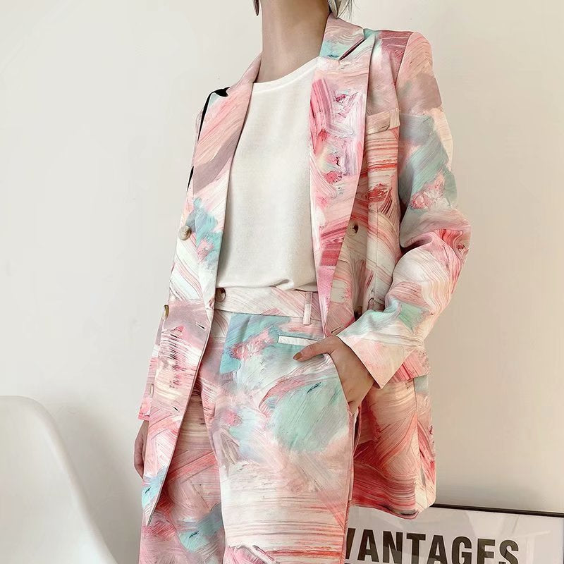 Women Suits Fall Graffiti Printing Blazer Wide Leg Shorts Suit