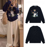 Pure cotton heavy industry cartoon bearembroider rolled collar sweater round neck topsknitting woolen clothes couple fall and winter