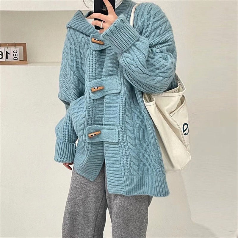 Women Knitted Cardigan Hooded Cable-Knit Sweater Coat Female Autumn and Winter Loose Knitted Cardigan