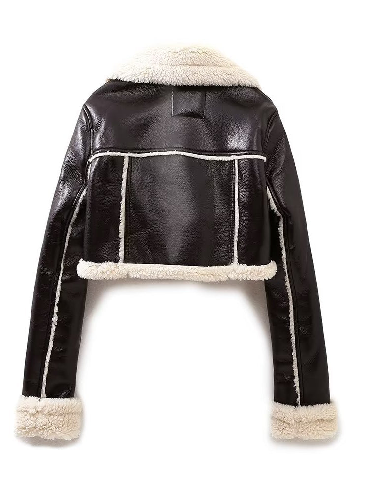 Women Leather Jacket Autumn and Winter Lamb Fur Lapel Motorcycle Jacket