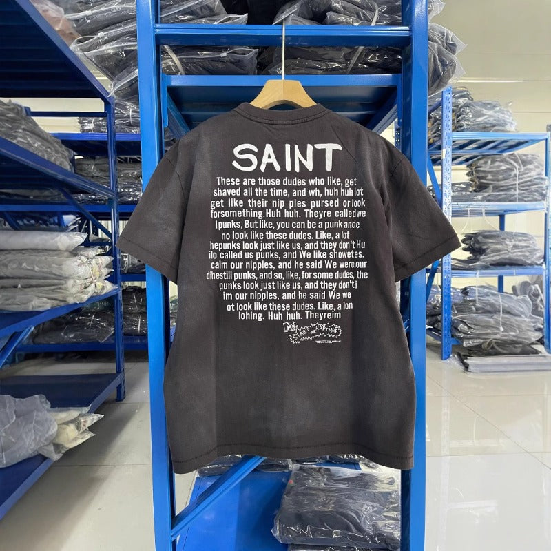 saint m t shirts s.m cartoon suit portrait pattern crew neck pullover short sleeve one-piece