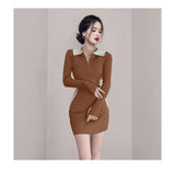 Women Maxi Dress Fall and Winter Lapels Slim Knit Sheath Dress