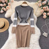 Women Maxi Dress Mid-Length Autumn and Winter Hip Knitwear round Neck Dress
