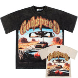 Hip-hop t-shirts - american skull racing retro print high street casual loose fit washed vintage short sleeve tee