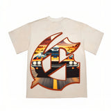 Hip-hop t-shirts - american skull racing retro print high street casual loose fit washed vintage short sleeve tee