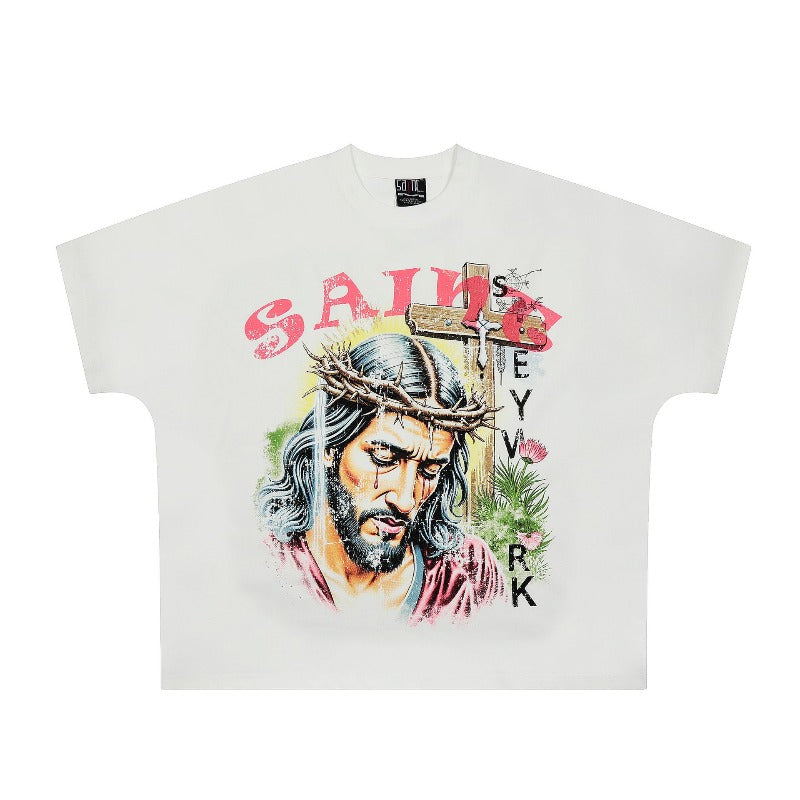 saint m t shirts s.m. character & floral print crew neck pullover short sleeve top