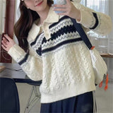 Women Knitwear Autumn and Winter Polo Collar Striped Sweater Vintage Sweater