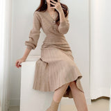 Women Maxi Dress Autumn and Winter Single-Breasted V-neck Knitted Dress