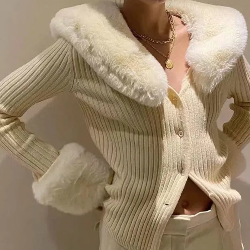 Women Sweater Knitwear Vintage Sweater Cardigan Women's Detachable Fur Collar Single-Breasted Short Knitted Top