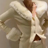 Women Sweater Knitwear Vintage Sweater Cardigan Women's Detachable Fur Collar Single-Breasted Short Knitted Top