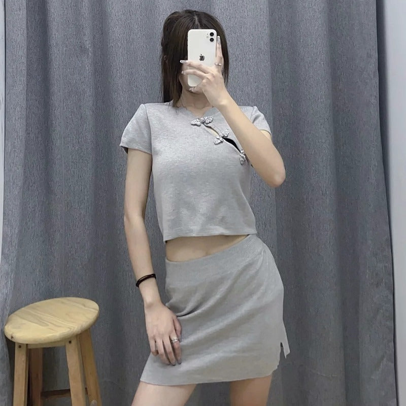 Women Sweater Knitwear Retro V-neck High Waist Exposed Navel Knitted T-shirt Sheath Skirt Suit
