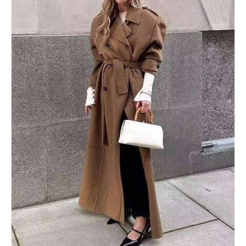 Women Coats Spring Long Woolen Coat Double Breasted Tie-Front Top