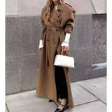 Women Coats Spring Long Woolen Coat Double Breasted Tie-Front Top