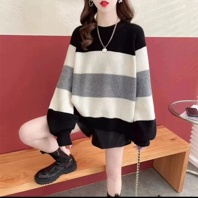 Women Knitwear Autumn and Winter Striped round Neck Sweater Loose Sweater