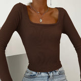 Women Knit Top Rib round-Neck Solid Color T-shirt Crop-Top Tight-Fitting Long Sleeve Short Top