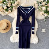 Women Maxi Dress Spring, Autumn and Winter V-neck Striped Knitted Slim Fit Sweater Dress