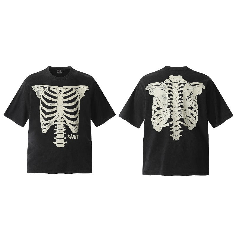 saint m t shirts s.m. skeleton letter graphic crew neck short sleeve pullover