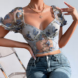 Women Party Tops Halter Perspective Butterfly Embroidered Suspender Mesh Vest