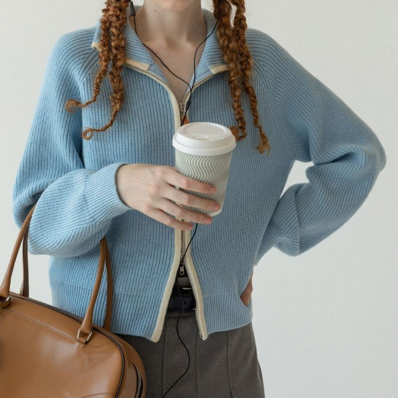 Women Knitwear Autumn Winter Retro Lapel Zipper Sweater