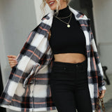 Women Trench Coat Long Sleeve Suit Collar Button Cardigan Warm Sable Fur Plaid Wool Coat