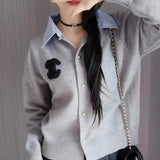 Women Knitted Cardigan Spring Short Loose-Fitting Long Sleeve Sweater Cardigan