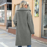 Women Trench Coat Autumn and Winter Long Single-Breasted Lapel Pocket Solid Color Plush Coat Jacket