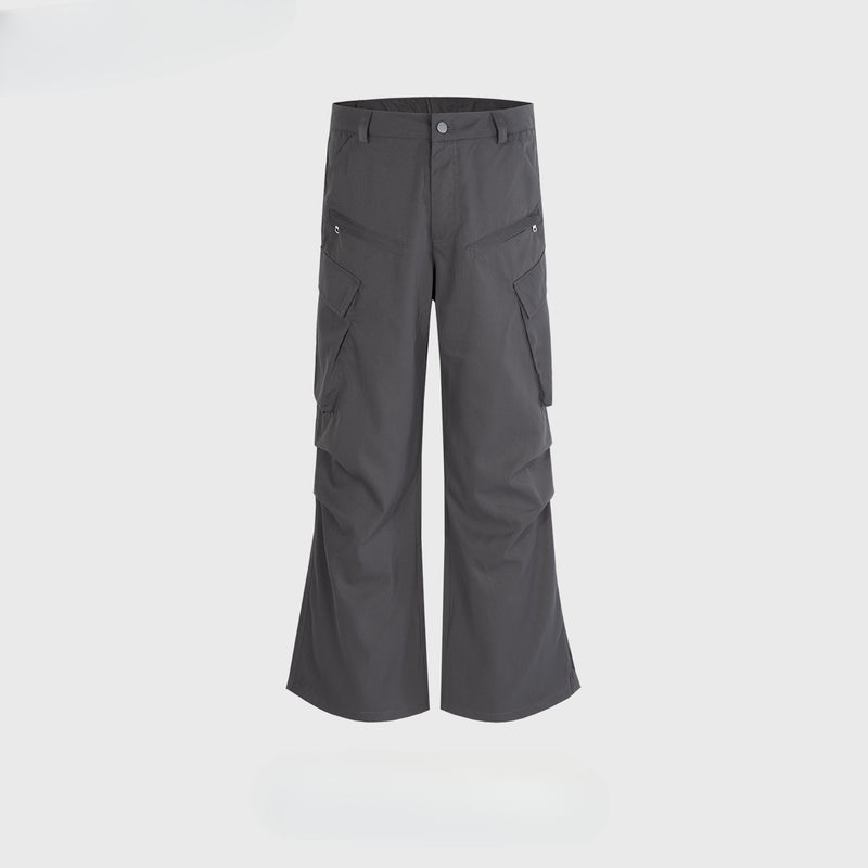 MIJKO Mens Vintage Pants MIJKO Multi-Pocket Trousers Pleated Zipper Flared Wide Feet High Street Casual Pants