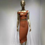 Women Dresses Brown Bandage Dress Mid-Length Evening Party Dress (Ont0408)