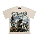 Hip-hop t-shirts: american high street blue sky & white cloud skull print short sleeve tee - relaxed fit, trendy tee