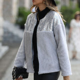 Women Trench Coat Autumn Leisure Plush Women's Long Sleeve Sequined Cardigan round Neck Baggy Coat