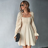 Women Dress Puff Sleeve Square Collar Long Sleeve Dress