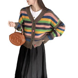 Women Knitwear Autumn and Winter Striped V-neck Sweater Wide Soft Knitted Cardigan