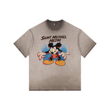 Washed distressed horror mickey saintmichaelmedm retro american t-shirt looseheavy weight round neck